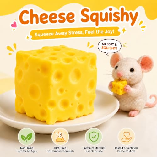 Cheese Cube Squishy Fidget Toy, 7cm Soft Squeeze Sensory Stress Relief Gift,Super Stretchy Squishy Sensory Toy, Anxiety & Stress Relief Squeeze Ball for Teens Adults, Desk Decor Party Favor - Image 6