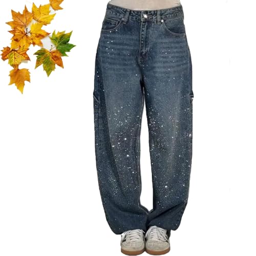 High Waisted Rhinestone Jeans for Women, Baggy Wide Straight Leg Casual Denim Pants Trousers, Wide Leg Bling Denim Pants