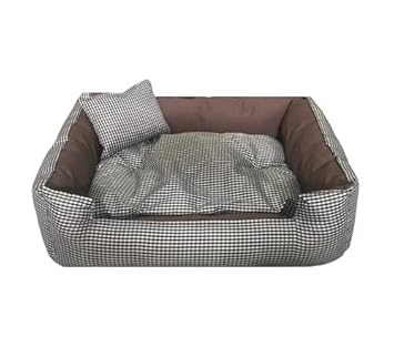Gorgeous Quilted Waterproof Polyester Reversible Ultra Soft Dual Sofa-Style Dog Bed with One Extra Pillow Brown,Check White-Medium