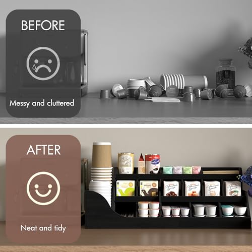 Suli Exact Large Coffee Station Organizer,Wooden Countertop Pods Holder with Drawer,Storage for Condiment Syrup Tea Cups,Rustic Bar Decor for Accessories Organizer (3 Tiers 18 Compartments)-Black by Suli - Image 4