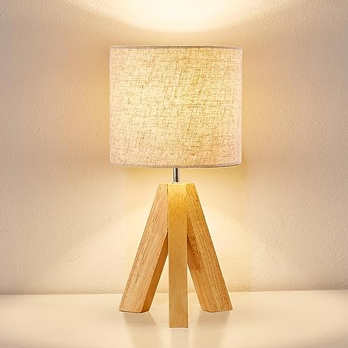 HesenDot Bedside Table Lamp, Wood Tripod 3 Way Dimmable Nightstand Lamp,Beige Linen Fabric Lampshade, Small Bedroom Lamp for Nursery Kids Room College Dorm Living Room Office,1 LED Bulb Included