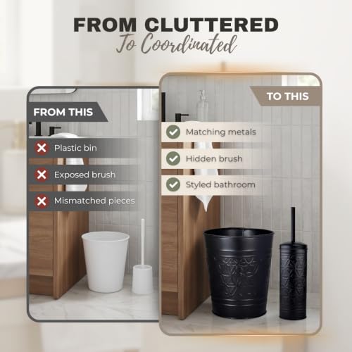 Image of Autumn Alley Handcrafted Black Farmhouse Bathroom Trash Can and Toilet Bowl Brush with Holder Set - Metal Black Bathroom Accessories Set for Classic Bathroom Decor