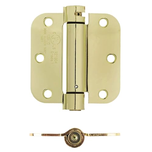 Image of Amazon Basics Self-Closing Door Hinge, 3.5 Inch x 3.5 Inch, Polished Brass, 1-Piece, Hardware Included