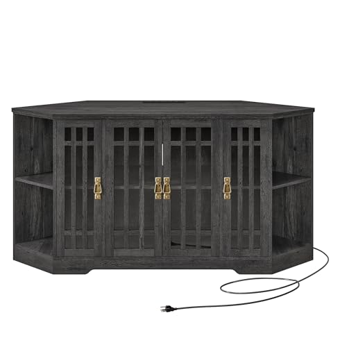 For Tvs Up To 60 Inch With Power Outlet, Corner Entertainment Center With Storage Cabinet And Glass Doors, Mid Century Modern Tv Stand For Living Room, Bedroom, Charcoal Grey