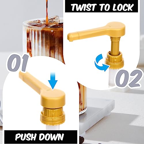 Image of Tanlade 3 Pcs Coffee Syrup Pump Compatible with DaVinci (64oz) and Ghirardelli (87-90oz) Bottles, Sauce Pump Dispenser Chocolate and Caramel Sauce Bottles Gold