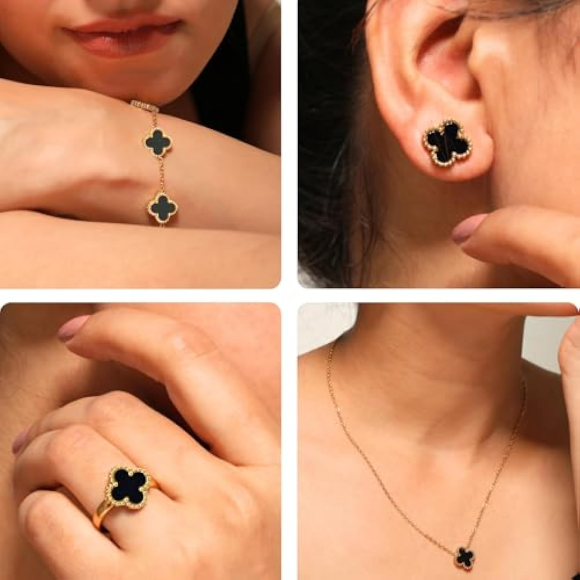 Aesthetic Black Clover Earrings Ring Bracelet Pendant Set