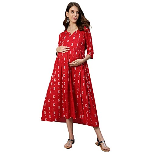 Image of anubhutee Women's Red Geometric Printed Maternity Flared Midi Dress