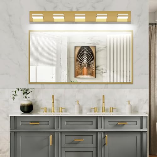 SineRise LED Modern Bathroom Vanity Light Fixtures (5-Light, 40-Inch), Brass Modern Acrylic Bathroom Wall Lighting Fixtures Over Mirror (Cool White 6000K)