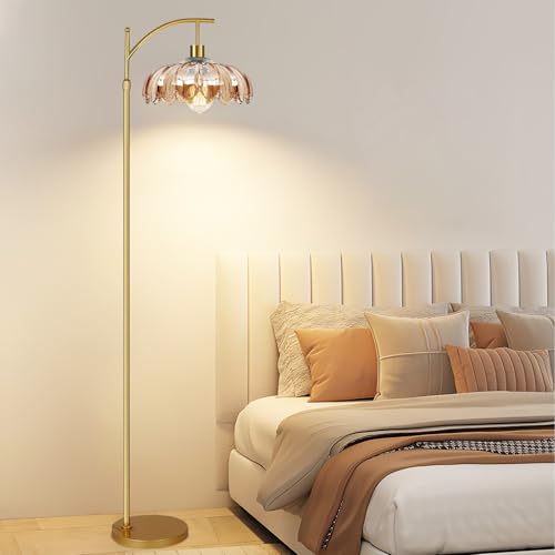 Image of AHDWDW Gold Arc Floor Lamp for Living Room with Remote,Dimmable Modern Floor Lamps with Amber Glass Shade,Unique Vintage Flower Standing Tall Lamp,Mid Century Floor Lamps for Bedroom Office Corner