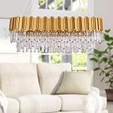 MEELIGHTING W35 Linear Modern Crystal Chandelier Lights Luxury Pendant Ceiling Light Oval Raindrop Contemporary Chandeliers Lighting Fixture for Dining Living Room Kitchen Island Bedroom Gold