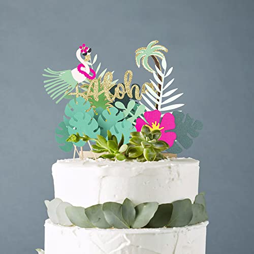 13Pcs Glitter Aloha Cake Topper Flamingo Cake Toppers Tropical Palm Leaves Cupcake Toppers Flamingo Happy Birthday Cake Decoration Tropical Hawaiian Luau Themed Party Supplies #TOP4