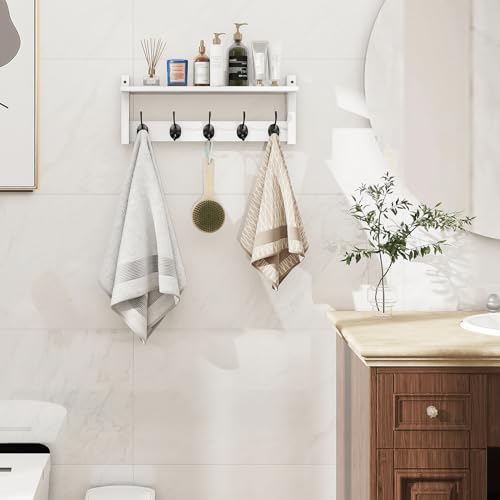 Image of Homode Wall Shelf with Hooks, Coat Rack Wall Mount with Pegs, Hanging Entryway Coat Hanger, Wood and Iron Shelf for Bathroom, Hallway, Bedroom, White