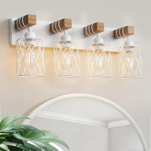 Image of IZORRO Farmhouse Bathroom Vanity Light, 4-Light Wood Bathroom Light Fixtures Over Mirror, Matte White Industrial Vanity Lights with Metal Shade, Rustic Restroom Lighting Fixtures