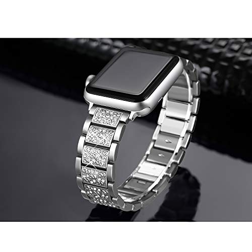 Secbolt Bling Bands Compatible with Apple Watch Band 42mm 44mm Women iWatch SE Series 6/5/4/3/2/1, Dressy Jewelry Metal Bracelet with Rhinestones, Silver - Thumbnail 2