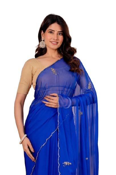 Image of Chiffon Saree for Women with Sequin Embellishments | Wedding Saree | Festival Saree | Designer Saree for Women | Royal Blue