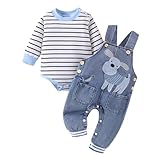 3-6 Month Boy Clothes Baby Fall Winter Newborn Fashion Outfits Infant Long Sleeve Striped Romper Cute Dog Cartoon Button Jeans Overalls Pants Set Blue 3-6 Months