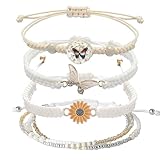 DS 4PCS String beads Charm Bracelets for Teen Girls Dainty cute cartoon Butterfly Daisy Eternal flower Beads Bracelets set for woman and girls Adjustable Stretch birthday Gift For Friends Color-9