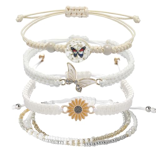 Ds 4Pcs String Beads Charm Bracelets For Teen Girls Dainty Cute Cartoon Butterfly Daisy Eternal Flower Beads Bracelets Set For Woman And Girls Adjustable Stretch Bracelet Birthday Gift For Friends cover