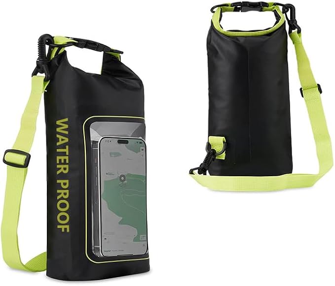 5L Waterproof Bag 2-in-1 Convertible Outdoor Dry Pack with Adjustable Strap & Clear Touchscreen Window, PVC Phone Pouch (Black and Green,5 L)