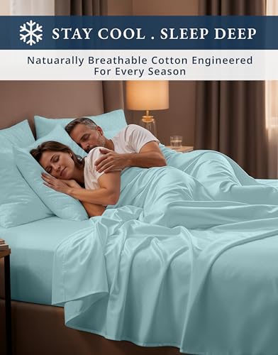 Image of LANE LINEN King Top Sheets Only 100% Egyptian Cotton Sateen - Blue Sky | King Size Bed Sheets Deep Pockets - 4-Piece Set, For A Luxurious Night's Sleep, For Guests And Everyday Use, Plush