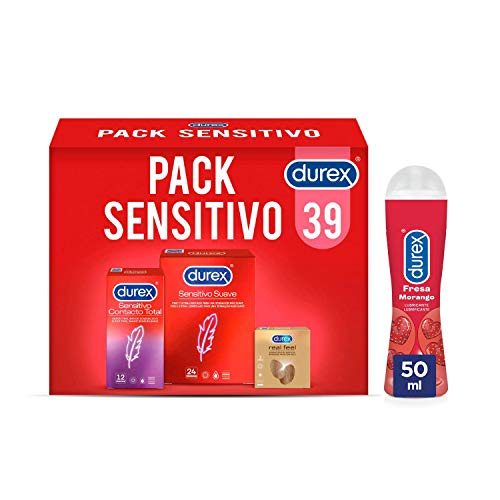 Durex Preservativos Sensitivo Suave + Sensitivo Contacto Total + Real Feel + Lubricante Intimo Fresa - 39 condones + 50ml