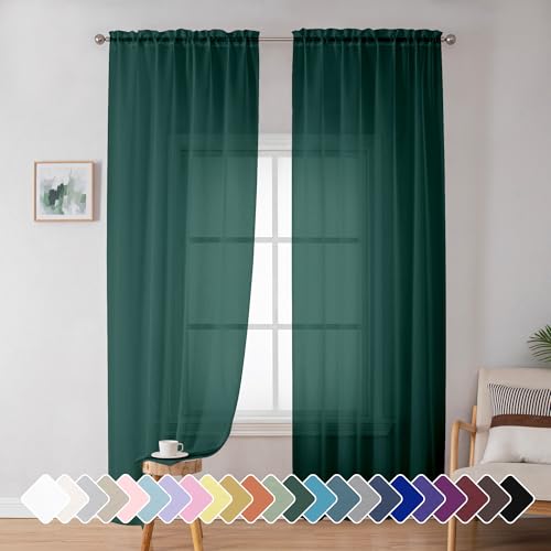 Image of Simplebrand Hunter Green Sheer Curtains 72 Inches Long 2 Panels for Living Room, Rod Pockets Airy Window Treatments Voile Sheer Curtains Panels Lightweight for Front Back Patio Glass Door, 42 inch Width
