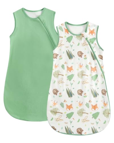 WYTbaby 2 Pack Baby Sleep Sack 1.0 TOG 100% Cotton Wearable Blanket 2-Way Zipper Baby Sleeping Bag Green Fox Print 12-18 Months