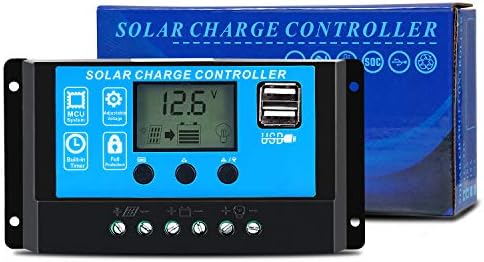 GCSOAR PWM Solar Charge Controller 10A 12V 24V Auto Work Max PV Solar Panel 100W/300W Solar Regulator with Dual 5V USB Ports LCD Display Overload Protection Timer Setting ON/Off (GC1024)