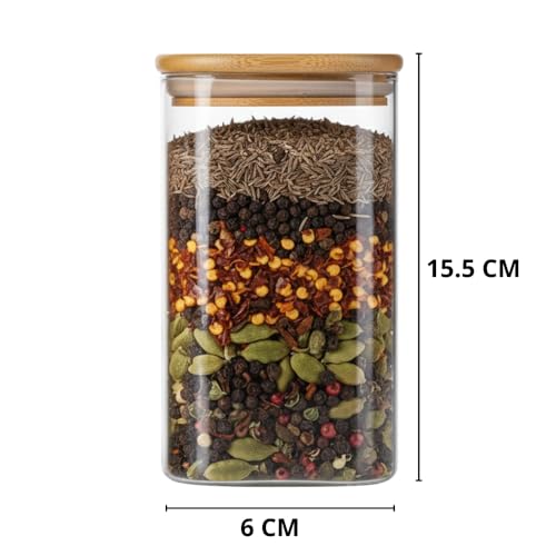 Image of ginoya brothers Airtight Borosilicate Glass Square Jar With Wooden Or Steel Lid Multi-Size, Container for Spices, Coffee, Grains, Snacks & Kitchen Organization (2, WOODEN LID, 420 ML)