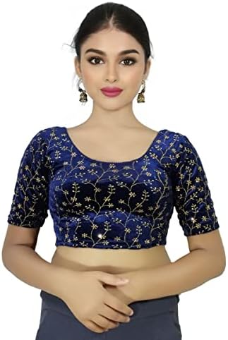 PU Fashion Stylish Golden Embroidery Work Readymade Stretchable Velvet Blouse - Soft Breathable Fabric, Latest Saree Blouse for Women