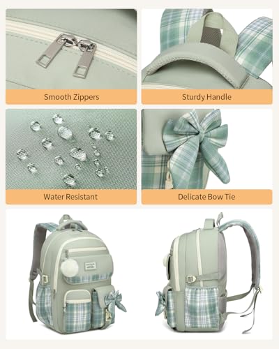 Image of Backpack for School Girls, 3Pcs Kids Cute Bookbag with Lunch Box Pencil Pouch, Student Pack Fits 15.6 Inch Laptop for Teens bag for Kindergarten Elementary Preschool Middle School, Green Tartan