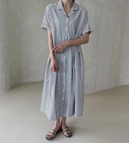 chouyatou Women's Cotton Striped Shirt Dress Button Up Short Sleeve Midi Long Shift Dress with Pockets3