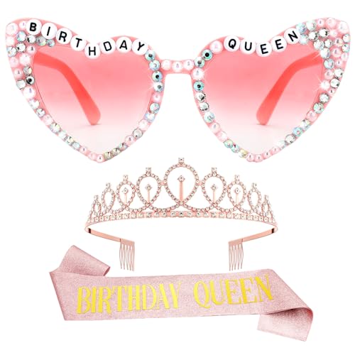 3 Pcs Birthday Queen Accessories Rhinestone Tiara and Sunglasses Queen Sash Glasses Set Birthday Party Favors for Women 21st 30th 40th 60th Party Birth Anniversary