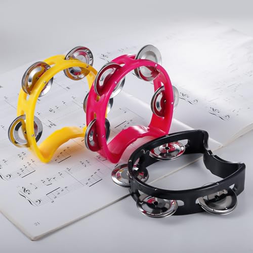 Pack of 3 Half Moon Musical Tambourine, Double Row Metal 4 Jingle Bells Mini Hand Held Percussion Drum with Ergonomic Handle Grip (Black & Pink & Yellow)