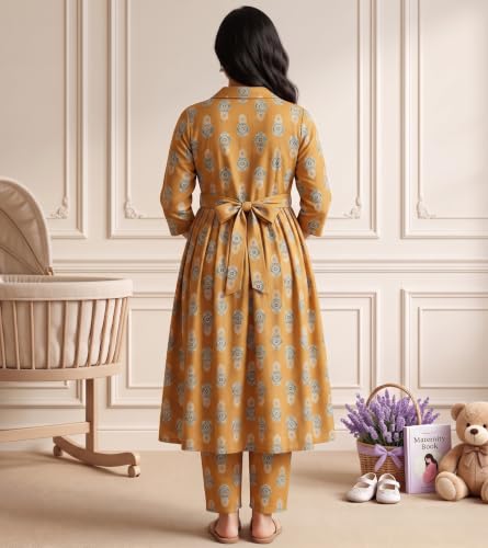 Image of DUMMY SHAPE Maternity Dresses for Women Cotton | Floral Kurta Pant Dupatta Set with Nursing Zippers, Side Pocket | Pre & Post Pregnancy | Feeding Kurti Suit | Baby Shower | Gifts for Pregnant Woman