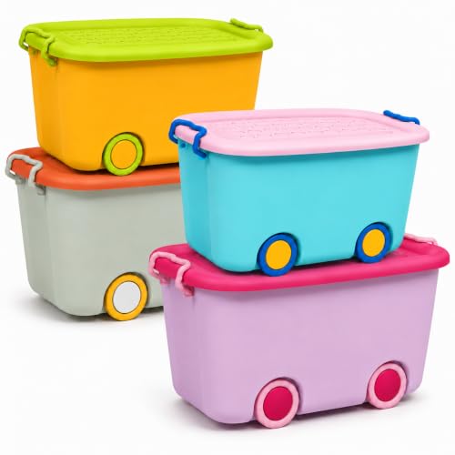 Image of Ash & Roh Multi color Storage Bins with Locking Lids |Storage Box with Handle | Organizer Stackable Toy Storage Bins with Wheels | 25+45 lit Containers Organizing Box. (Small + Big Combo-Pack Of 2)