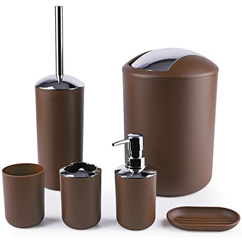 Papillon 6-Piece Bathroom Organization Set Toothbrush Holder with Cup Soap Dispenser & Dish Toilet Brush Trash Can Tumbler Set (Coffee)