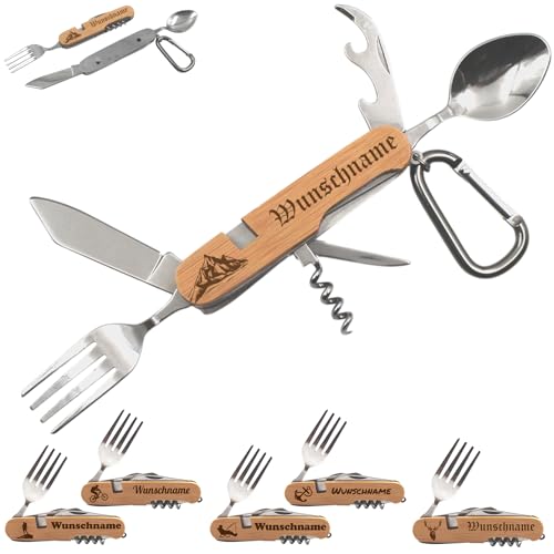 Gipfelwerkzeug Camping Besteck mit Wunschname Personalisiert Outdoor Besteck Edelstahl Holz Wanderbesteck ToGo für Camping Wandern Trekking Picknick Reisen Vanlife Geschenk für Camper Outdoor Fans
