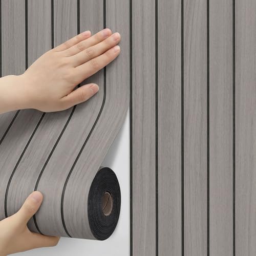 Image of Peel and Stick Wood Slat Wall Panels, Grayish Brown, 118 x 15.7 in | 3D Fluted, PVC Paneling for Accent Wall, Ceiling, Living Room, Office, Bedroom