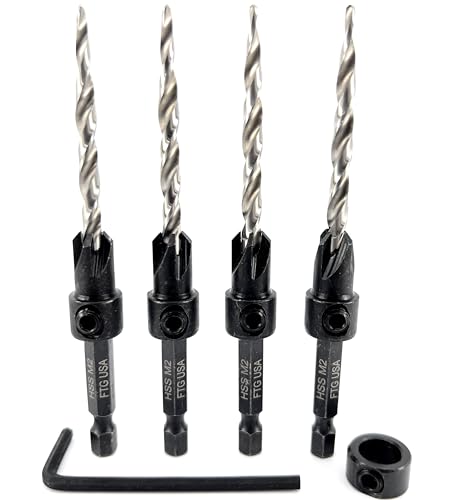 Image of FTG USA #10(3 /16 inch) Wood Countersink Drill Bit 4-Pc Set with 3 /8 inch Depth Stop | Convenient 4-pack of identical tapered bits for woodworking. Includes an adjustable 3 /8 inch depth stop collar