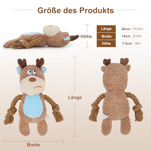 TONYFY Hundespielzeug, Hund Quietschspielzeug mit Knitterpapier, Plüschtier Hund Plüsch Kauspielzeug, Baumwollseil interaktives Spielzeug für Welpen, kleine, mittlere Hunde (Kamelfarbener Elch)