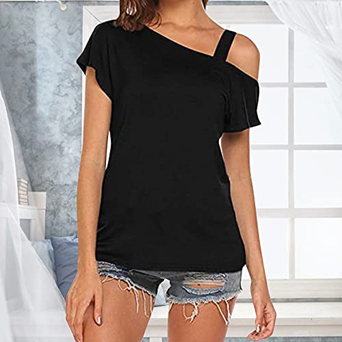 STKOOBQ Blusa feminina com ombro vazado, cor lisa, manga curta, suspensório, casual de verão, Preto,