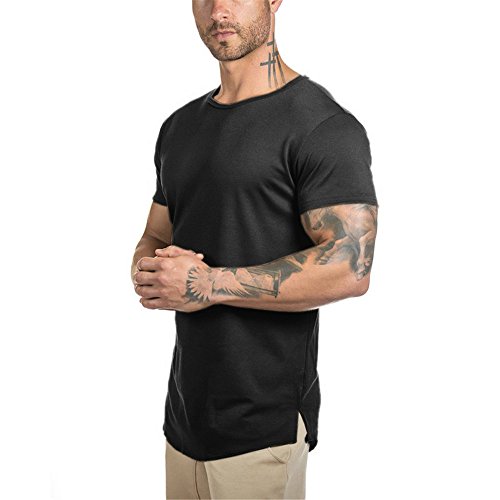 Short Sleeve Workout Gym Athleisure T Shirts For Men Hipster Longline Rounded Hem Tee Top (Xxl, Style1 Black) #TOP1