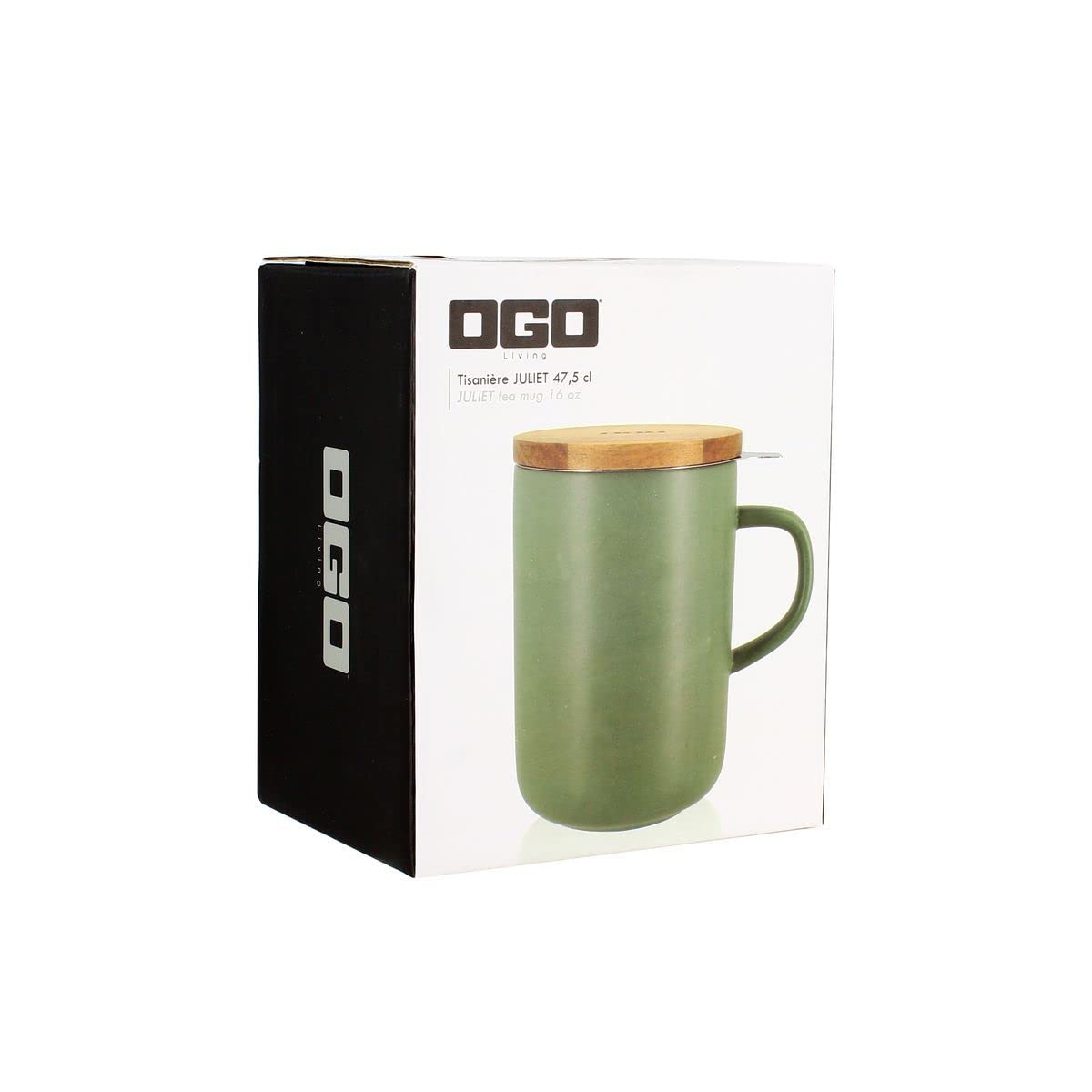OGO LIVING 7912013 - Tè e tisana Juliet 475 ml - Tazza da tè in gres e coperchio in legno di acacia - verde mandorla