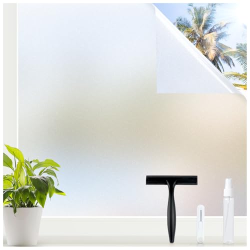 rabbitgoo Window Privacy Film for Glass Windows with Kit Decorative Clings UV Blocking Heat Control Static Cling Removable Bathroom Bedroom Door Home Coverings Pure, 17.5 x 78.7 inches