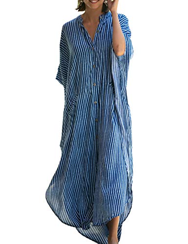 Chunoy Womens Button Down V Neck Kimono Sleeve Long Kaftan Beachwear Cover Up Maxi Dress