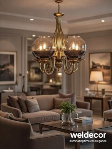 Image of Weldecor Golden Metal Chandelier /Jhumar Light, 5 Glass Hanging Pendant lamp Ceiling Lights, Luxury Modern Vintage Decorative Lighting for Dining Room, Living Room, Hall & Home Interior