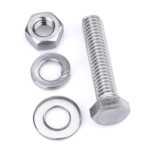 Image of (6 Sets) 3 /8-16 x 2 Hex Bolt and Nut Kit, 304 Stainless Steel (18-8), Fully Threaded, Flat & Lock Washers Included