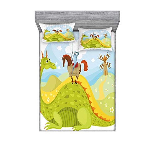 Ambesonne Fantasy Fitted Sheet & Pillow Sham Set, Knight Don Quixote Horse on Dragon Valley Medieval Image, Decorative Printed 3 Piece Bedding Decor Set, Full, Apple Green Sky Blue