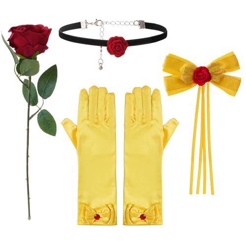 JTYKUYR 5PCS Princess Costume Accessories Set Princess Hair Bow Clips Gloves Necklace Rose Flower Set for Halloween Dress Up Cosplay Party